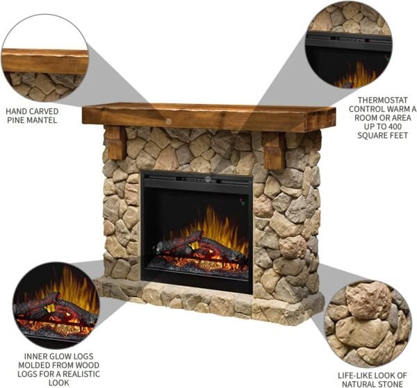 Fieldstone Natural Man-made Stone Mantel Fireplace with Log - Image 3