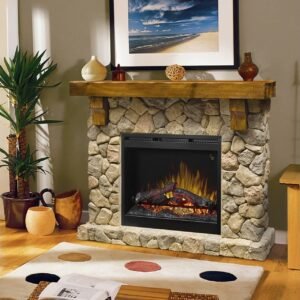 Fieldstone Natural Man-made Stone Mantel Fireplace with Log
