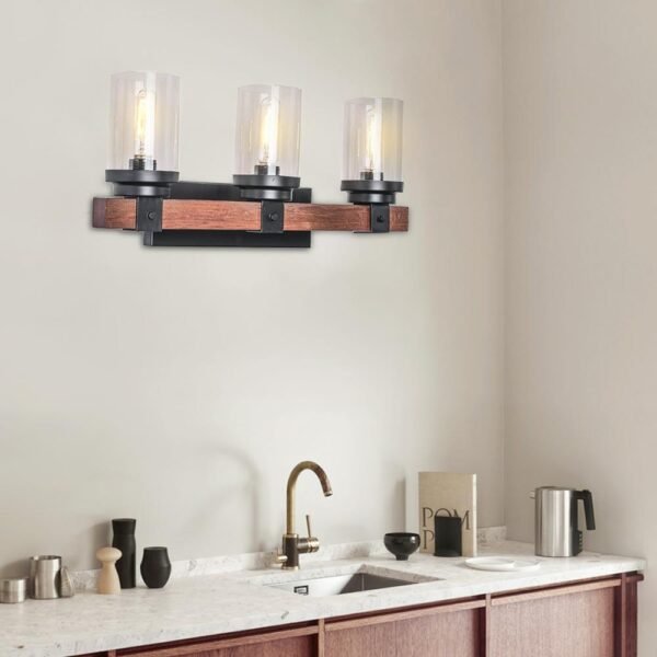 3-Light Metal Wood Wall Sconce Light with Glass Cylinder - Image 2
