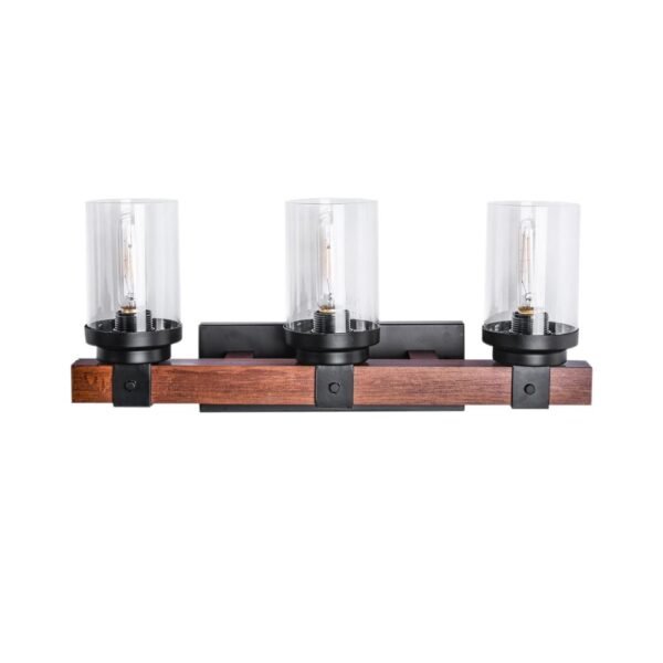 3-Light Metal Wood Wall Sconce Light with Glass Cylinder - Image 3