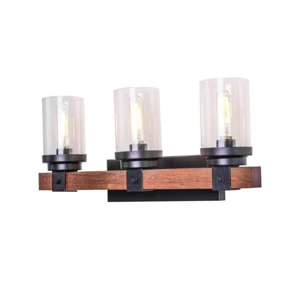3-Light Metal Wood Wall Sconce Light with Glass Cylinder - Image 4