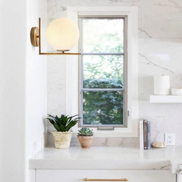 Antique Brass Blown Opal Glass Globe Wall Light Fixture - Image 4