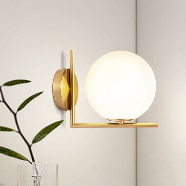 Antique Brass Blown Opal Glass Globe Wall Light Fixture - Image 5